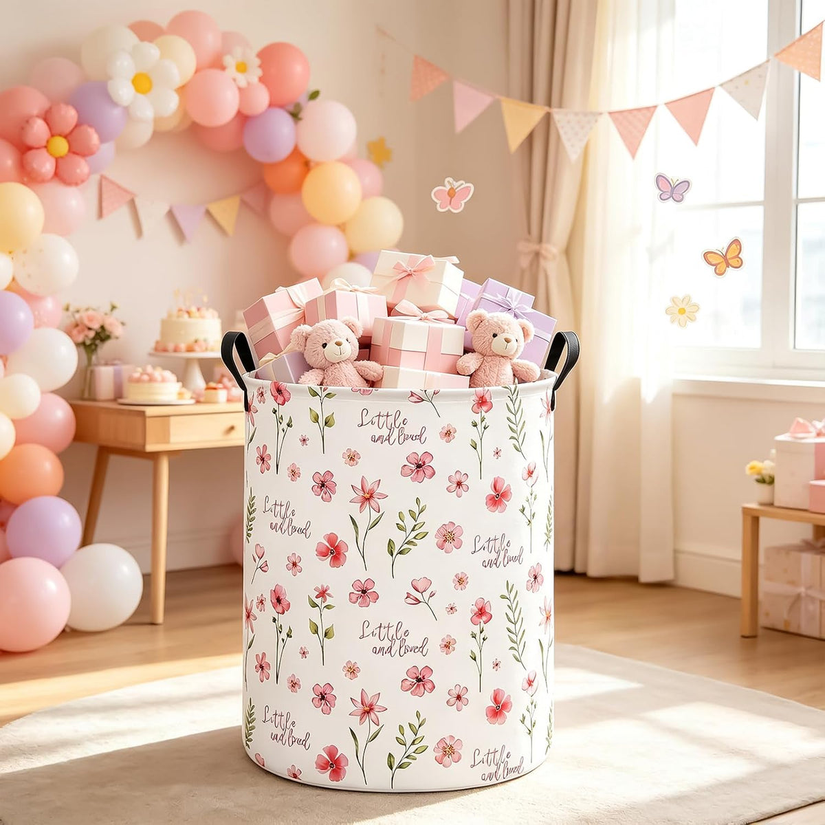 Round Laundry Hamper Large Canvas Fabric Storage Basket Pink Floral