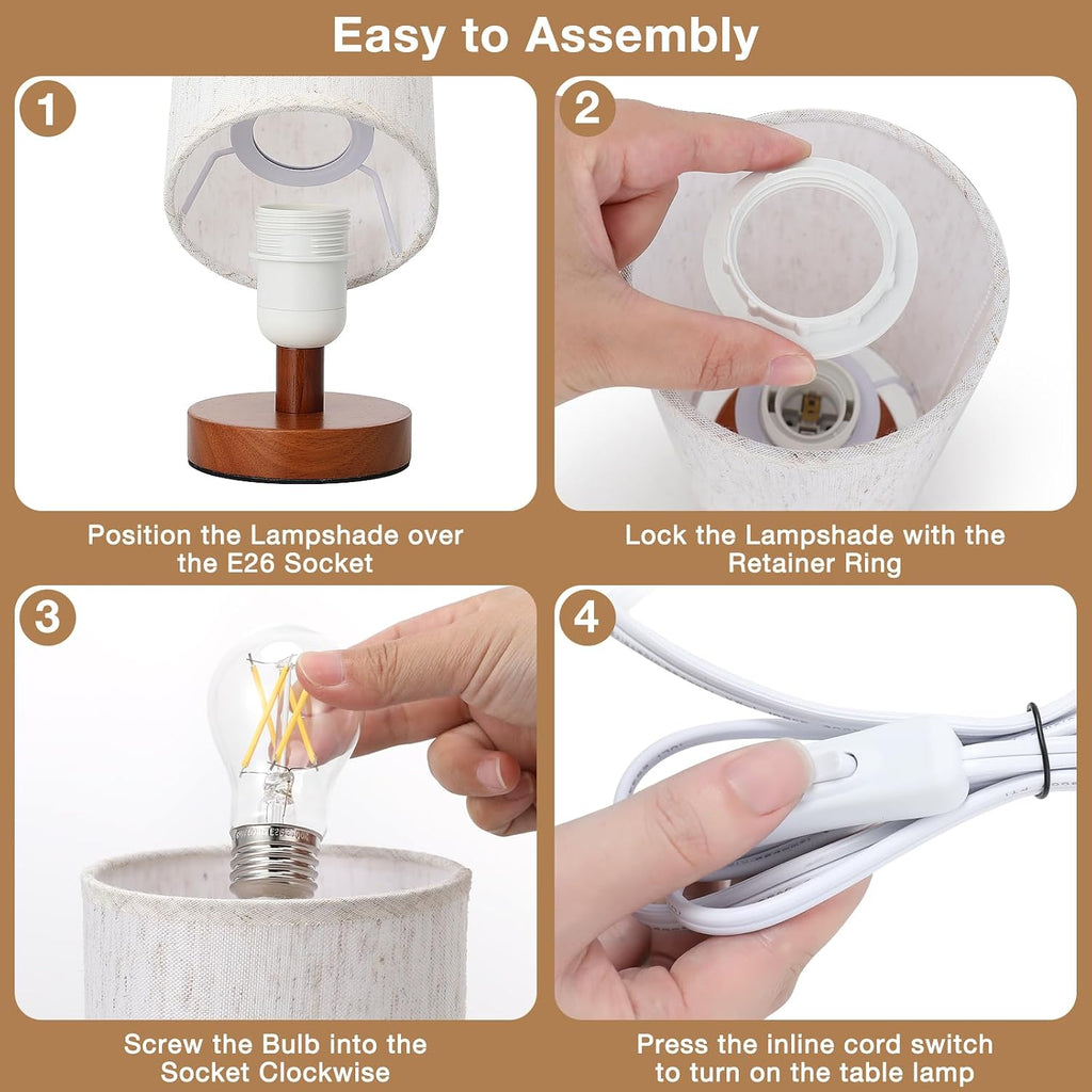Fenmzee Small Table Lamps (Cream Shade - Walnut Base, 9" Inline Control)