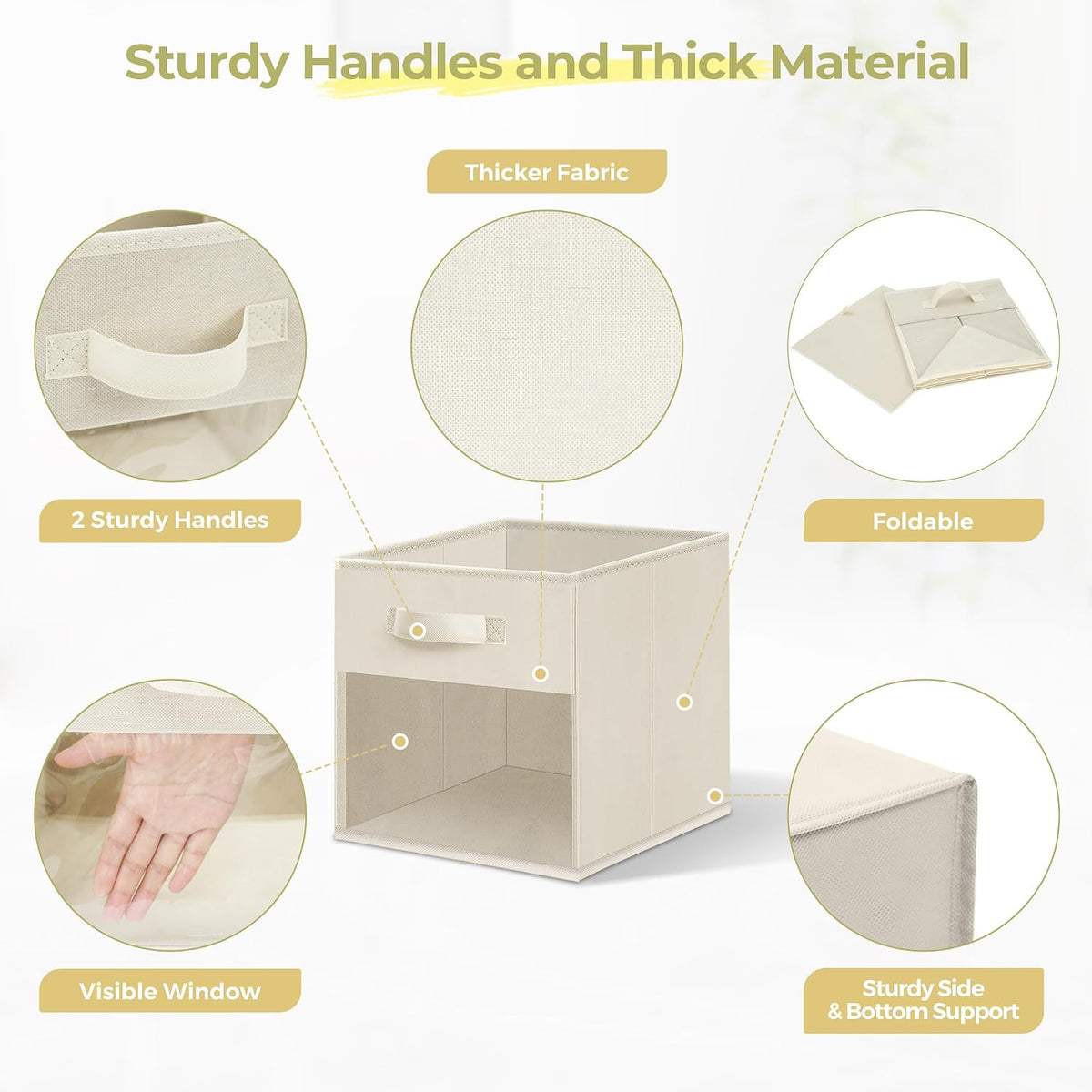 Storage Cubes with Clear Window, 11" Storage Bins, Foldable Cube Storage Box, Fabric Closet Organizers with Handles for Home, Office, Shelf, Closets, Living Room, Beige, 6 Pack