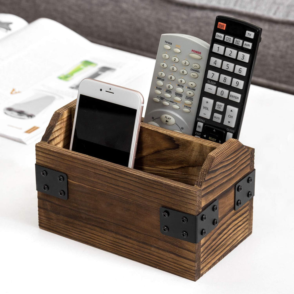 MyGift Rustic Burnt Wood TV Remote Holder with Black Metal Accents