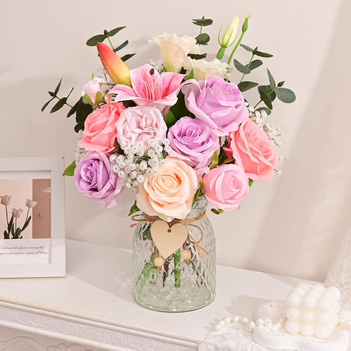 Livole 22Pcs Artificial Faux Flowers with Vase & Light Real Touch Flower