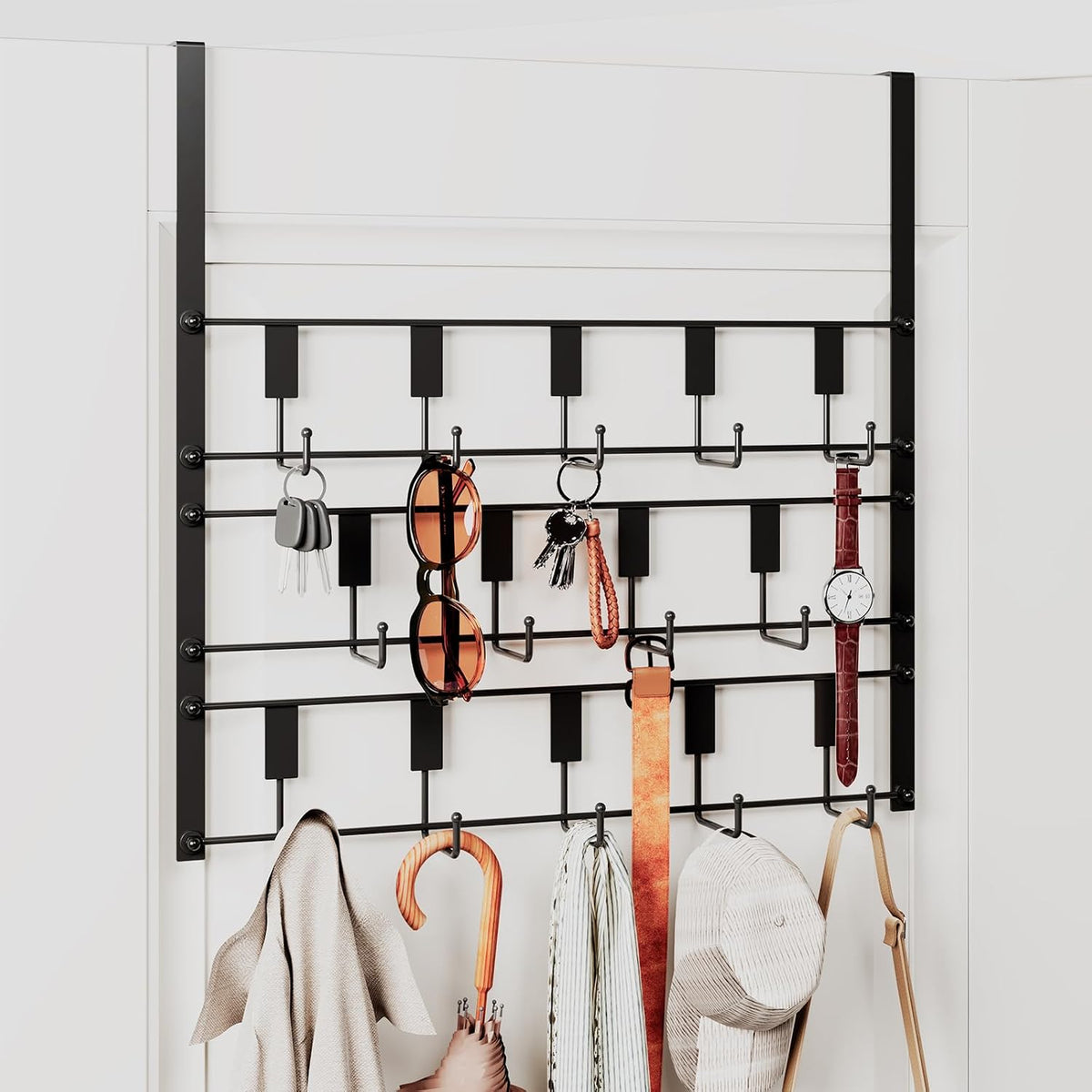 Over The Door Hooks for Hanging, 14 Hooks Over Door Coat Hanger, Coat Clothing Rack and Towel Rack for Bathroom Organizer, Door Hanger Organizer Kitchen, Bathroom Towel Storage Decor Black