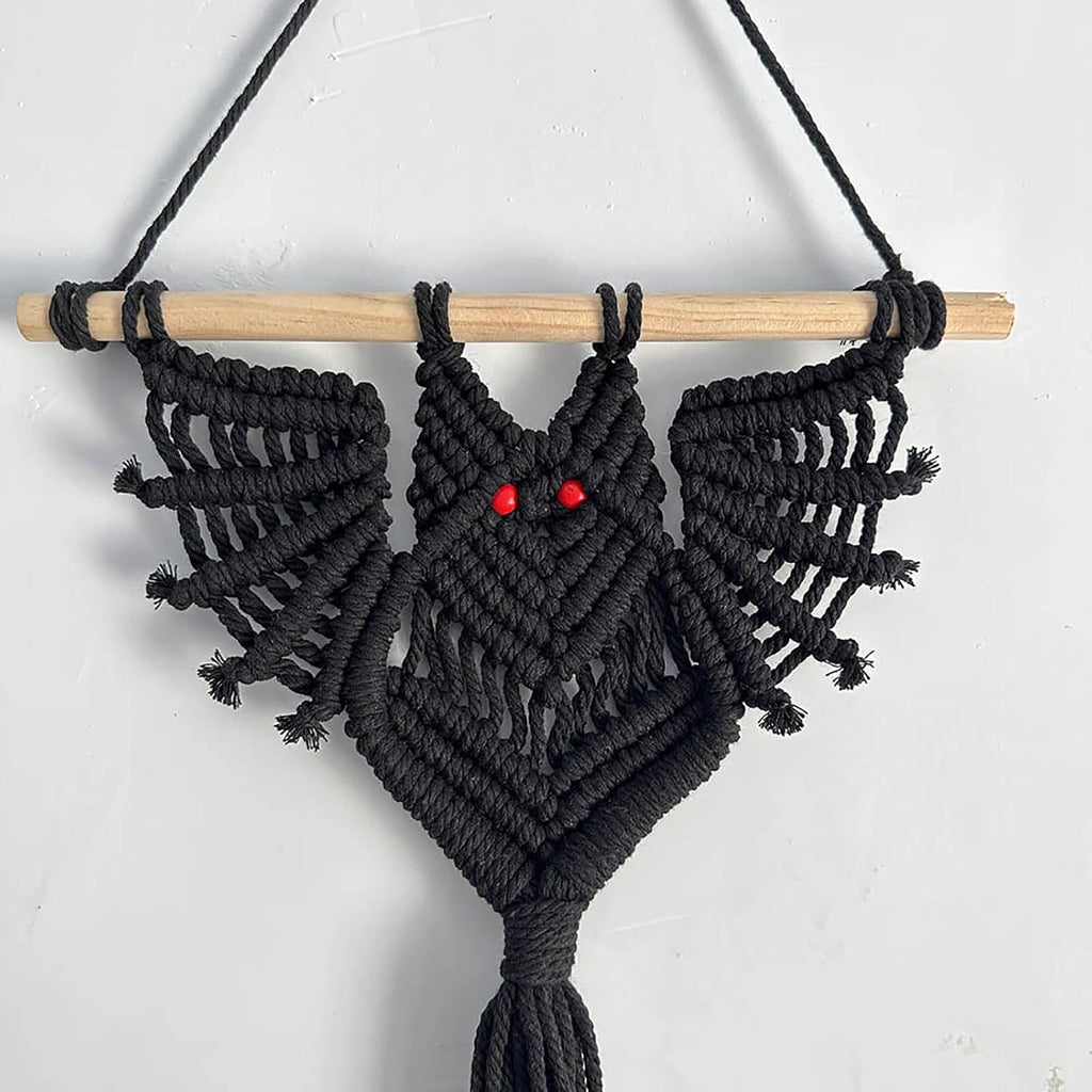 2-Pack Boho Bat Shape Gothic Plant Hanger, Macrame Handmade Pot Holder with Wooden Stick, Black Color Pot Holder for Indoor/Garden/Porch Decoration 40"X11.8" (No Pot & Plant Included)