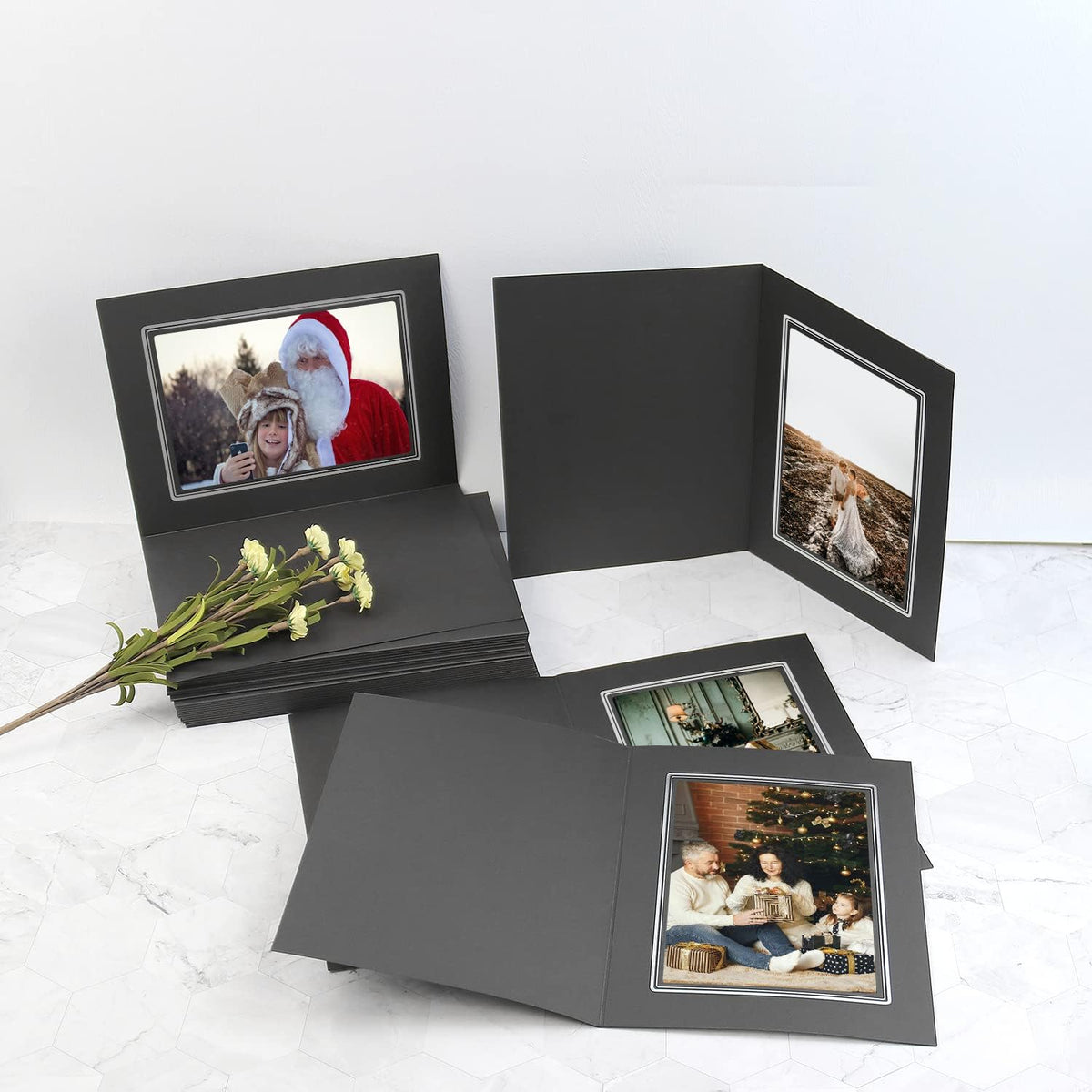 Golden State Art, Pack of 10, 5x7 Photo Folders, Cardboard Picture Frame, Paper Frame Cards, Greetings/Invitation Special Events: Graduation, Christmas (Black with Silver Lining)