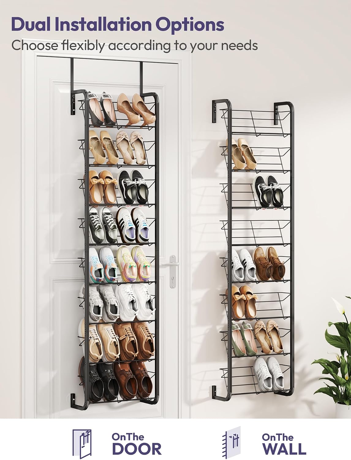 SWTYMIKI Over the Door Shoe Organizer - 8 Tier Wall Mount Shoe Rack for Door Storage- Heavy Duty Metal Hanging Shoes Shelf for Flats, Heels, Sneakers, Boots Black