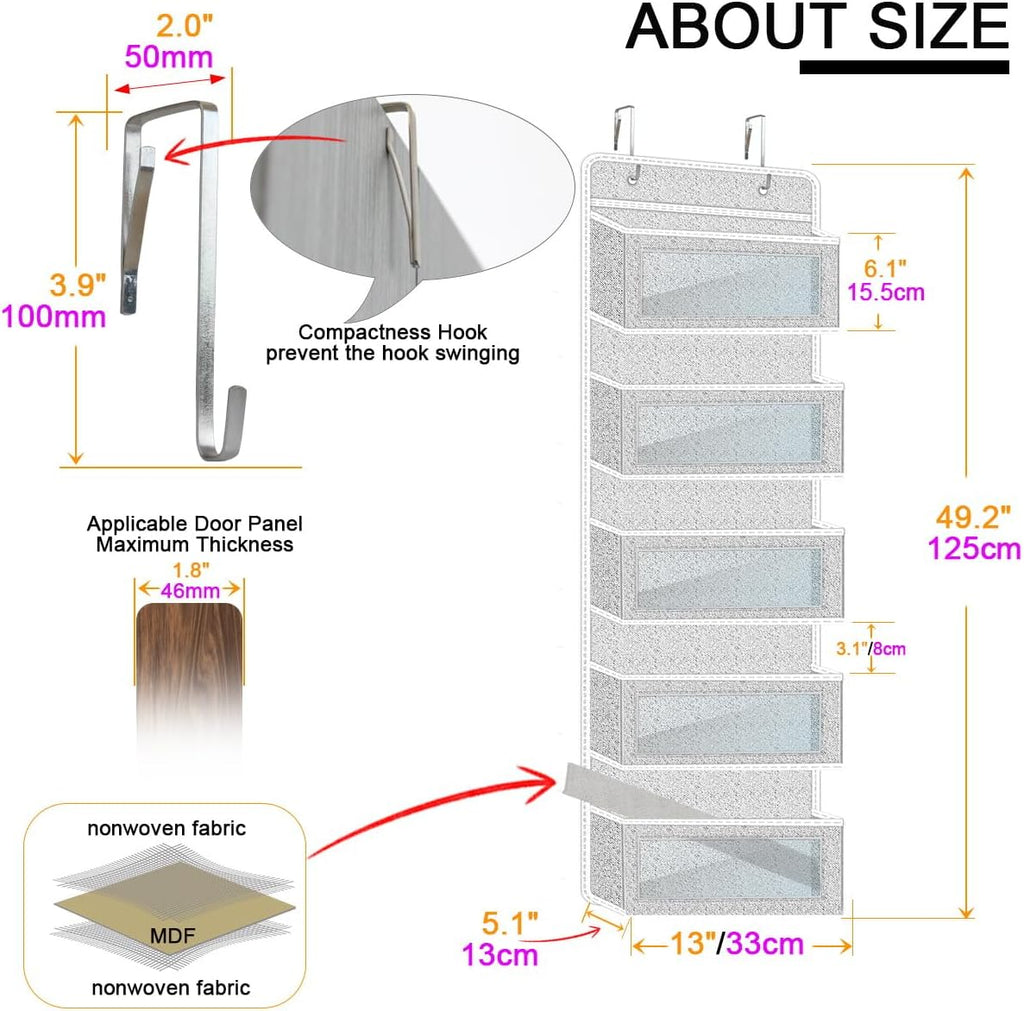 2 Pack 5-Shelf Hanging Shelves Over The Door Organizer Wall Mount Storage Bag (Sesame Gray 2 Pack)