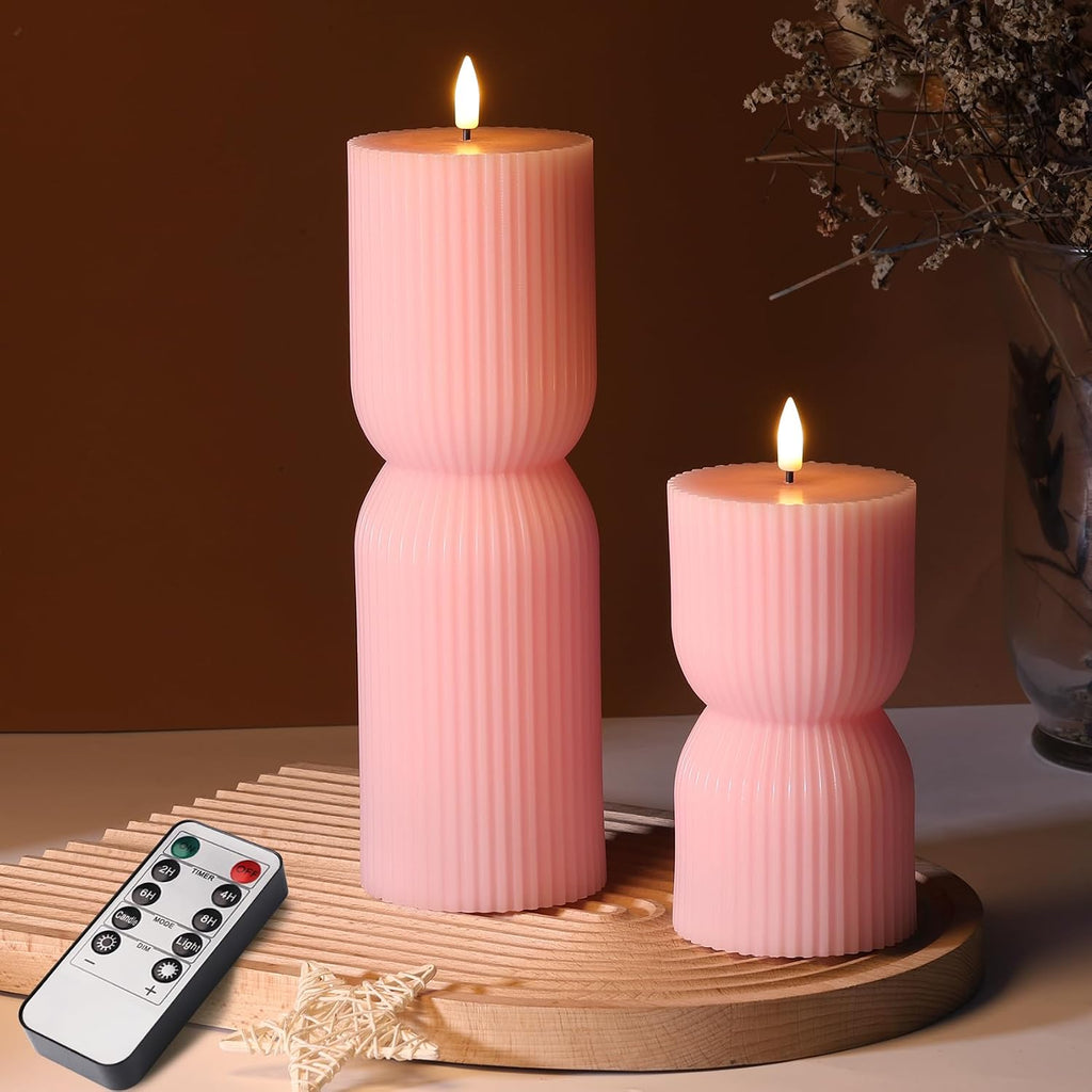 Pink Ribbed Flameless Pillar Candles with Remote Set of 2