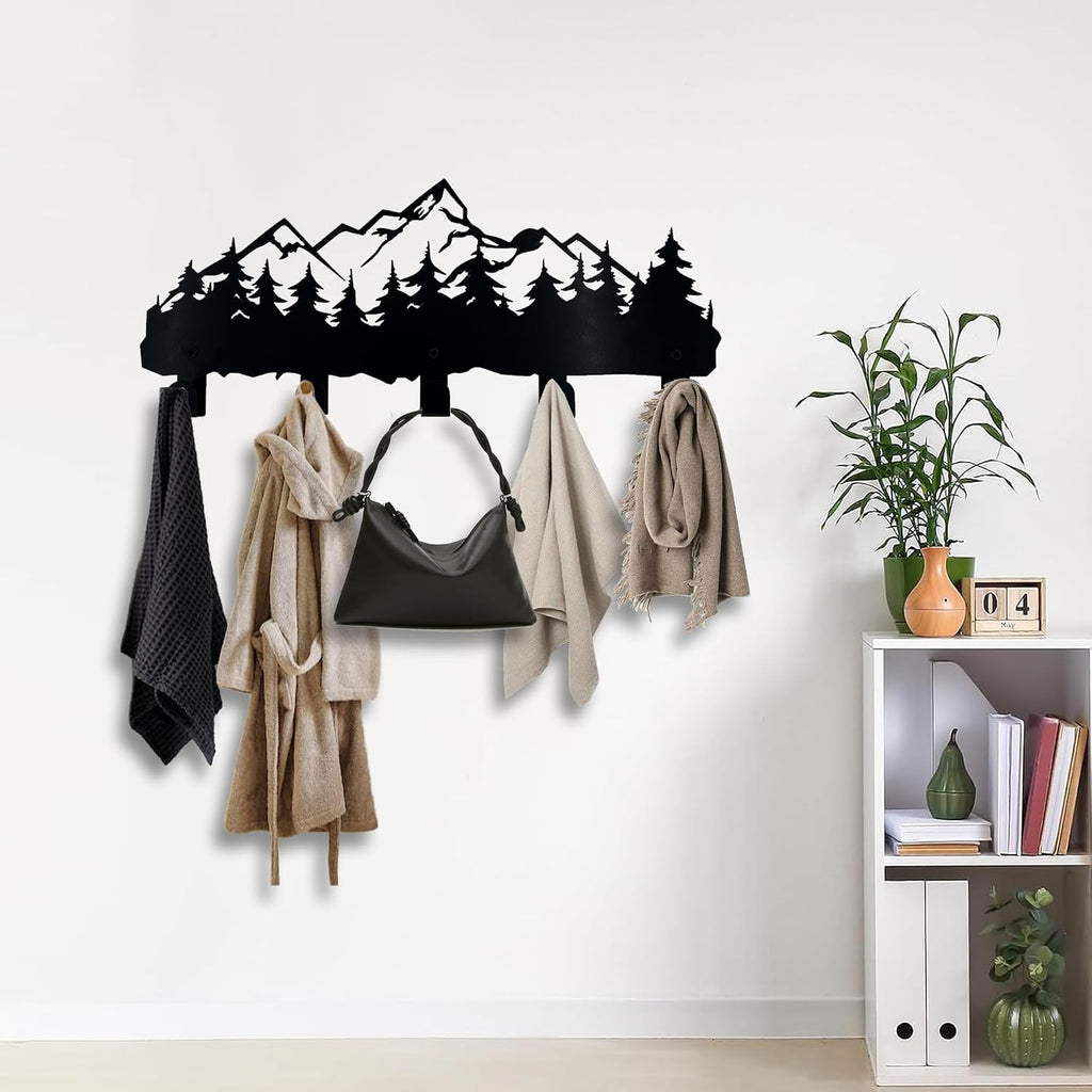 Metal Mountain Coat Hooks and Key Holder, Mountain Design Wall Art Decor, Clothes Hat Rack, and Backpack Hanger, Storage Decor for Living Room, Hallway, Office, Kitchen, Entryway, and Bedroom