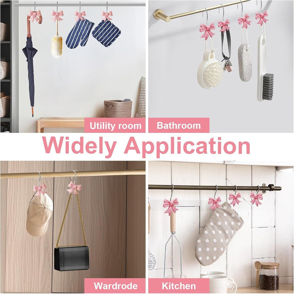 Bow Knot Decorative Shower Curtain Hooks, 12pcs Pink Cute Art Deco Resin Rust Resistant Hooks Glide Shower Ring Hangs Holder Bling for Girl Bathroom Baby Room Nursery
