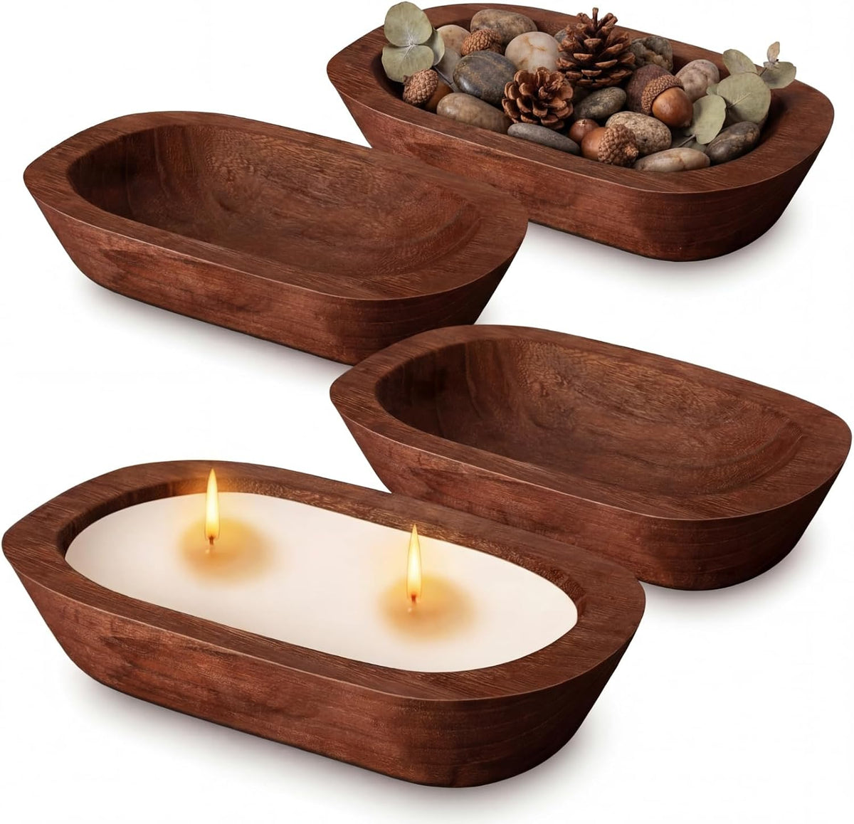 FoldTier 4 Pcs Wooden Dough Bowl Wood Decorative Rustic Wooden Bowls Table Centerpiece for Living Room Home Dining Room Kitchen Easter Decoration(Retro,10'' X 6'' X 2'',Classic)