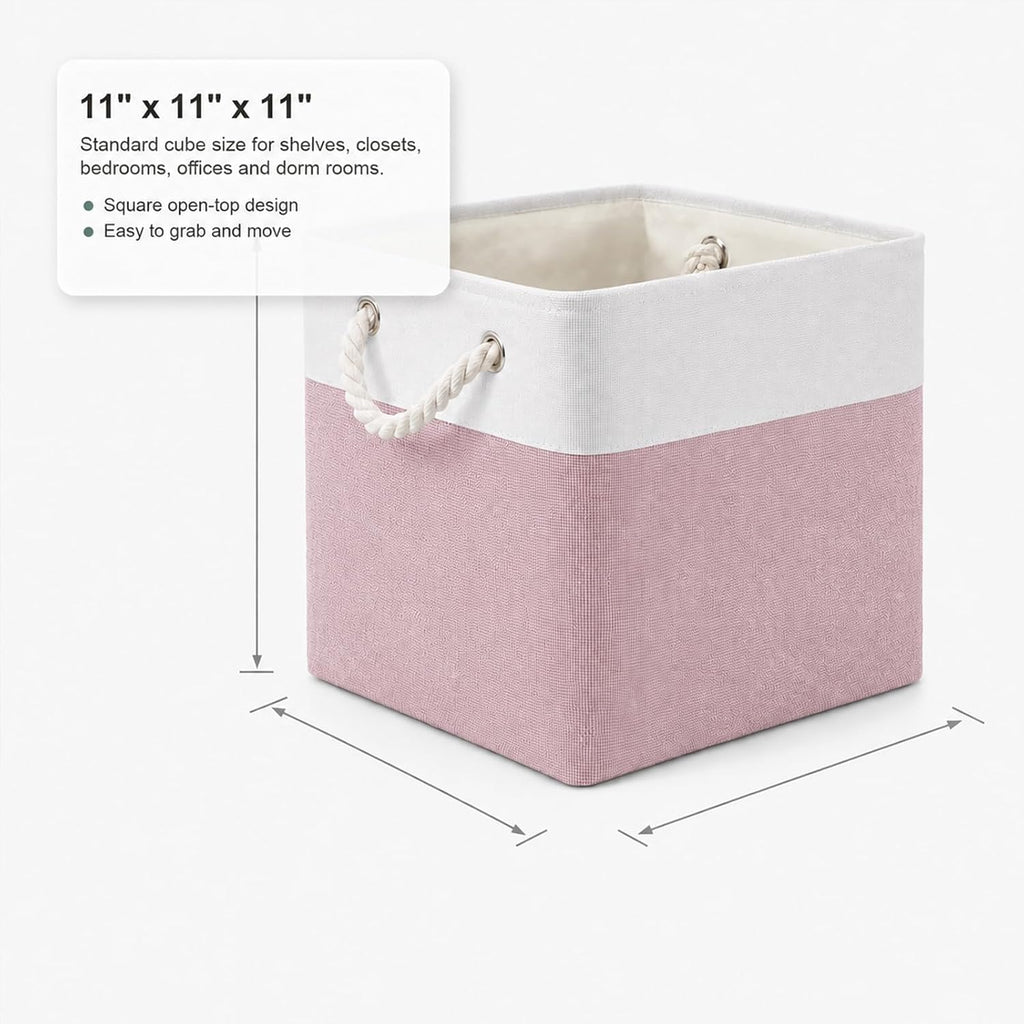 11x11 Inch Cube Storage Bins, 6 Pack Collapsible Fabric Storage Cubes with Rope Handles, Waterproof Foldable Storage Baskets for Cube Shelves, Closet, Clothes, Toys, Books, White & Pink