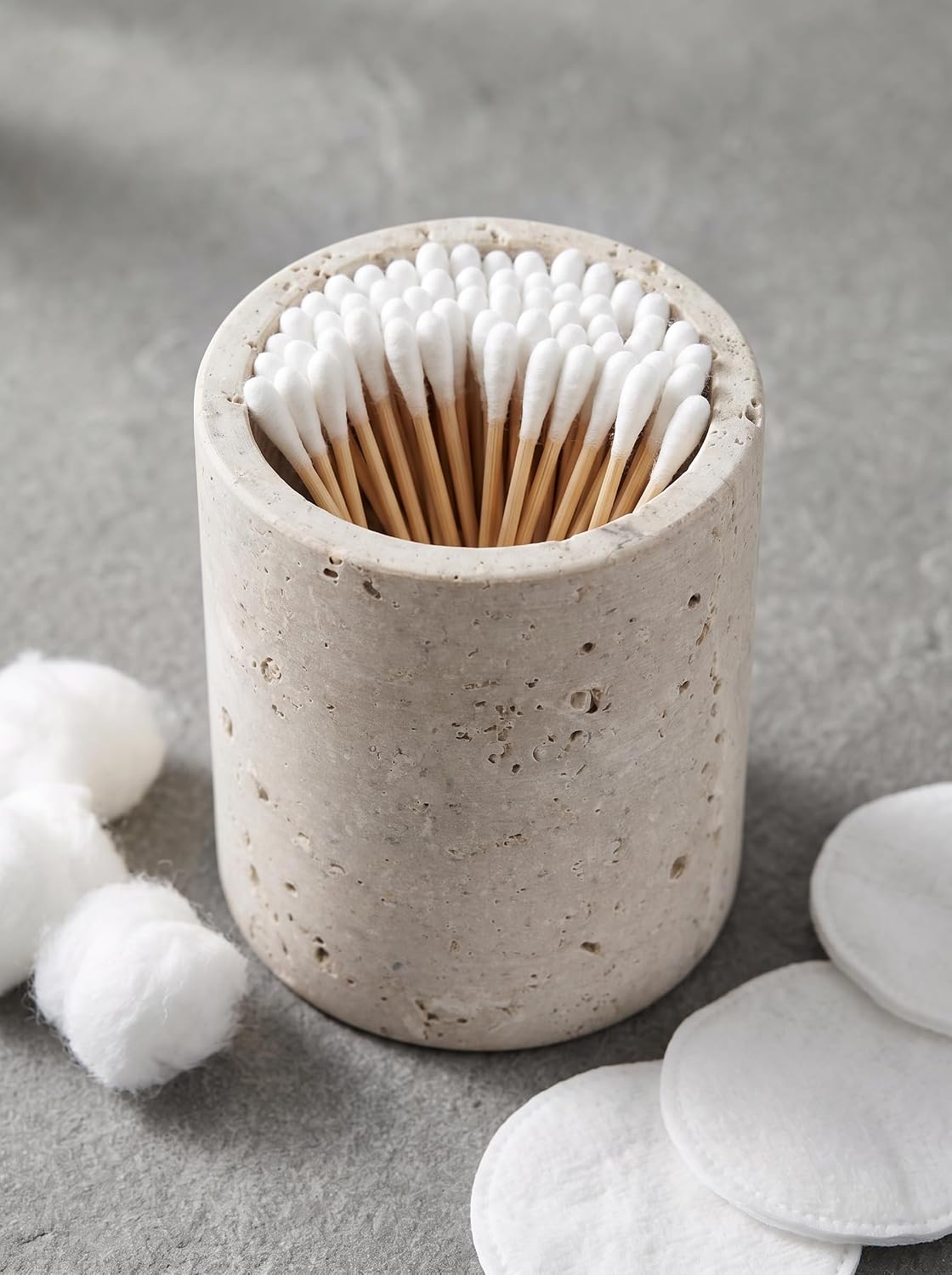 Travertine Q-Tip Holder for Bathroom, 4" Cotton Swab Canister