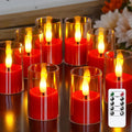 Yeelida 8pcs Battery Operated 1.7" x2.5" Clear Acrylic Remote LED Tea Lights, Flameless 2/4/6/8h Timer Fake Red Bulk Votive Candles with Batteries, Flickering Warm Light Pure Plastic Tealights