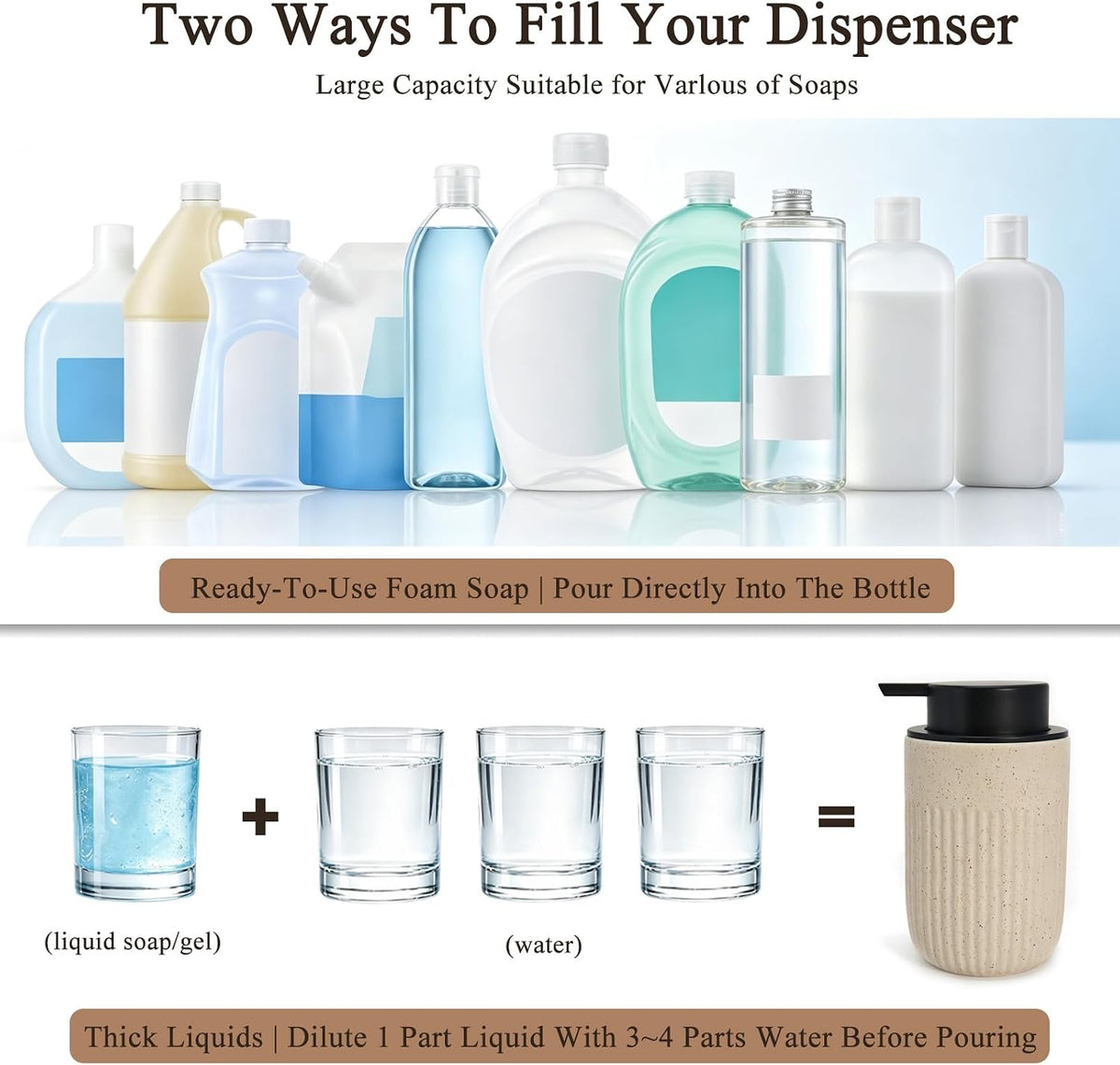 Beige Ceramic Foaming Soap Dispenser for Bathroom Countertop 13oz
