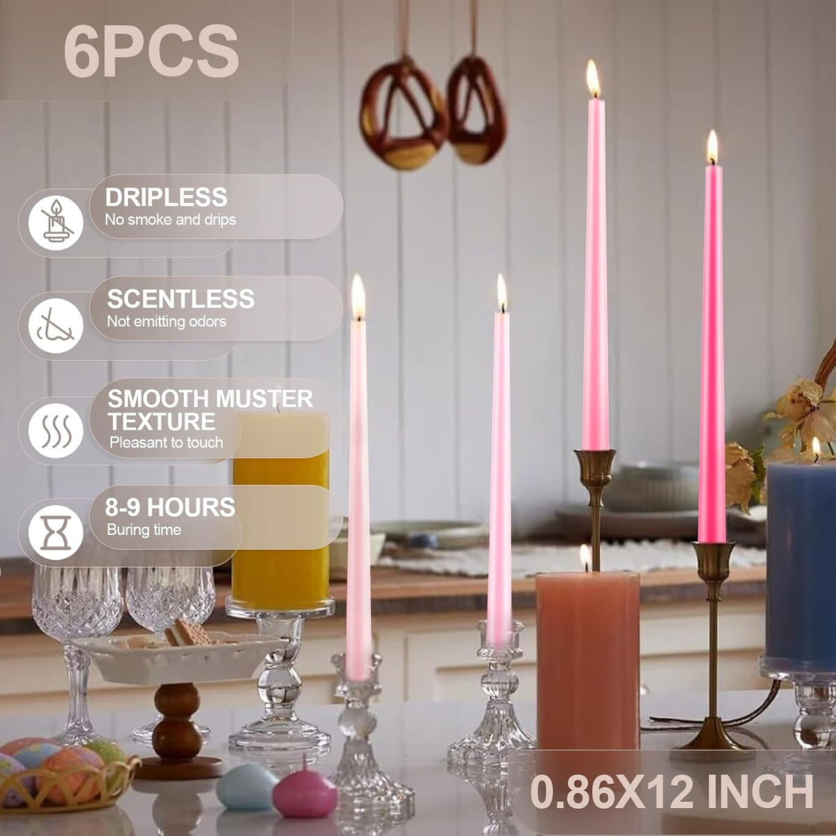 12 Inch Taper Candles Set of 6 Unscented Long Burning Smokeless Long Tall Tapered Candles for Candlesticks Sticks Wedding Home Christmas Decor Dinner