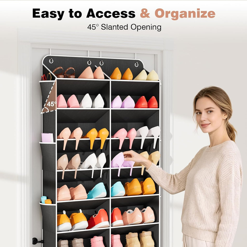 VTRIN 30 Pairs Over the Door Shoe Organizer, Large Capacity 10-Tier Hanging Shoe Organizer with 20 Deep Pockets for Sneakers Boots Heels, Space Saving Shoe Rack for Door with 10 Side Pockets, Black