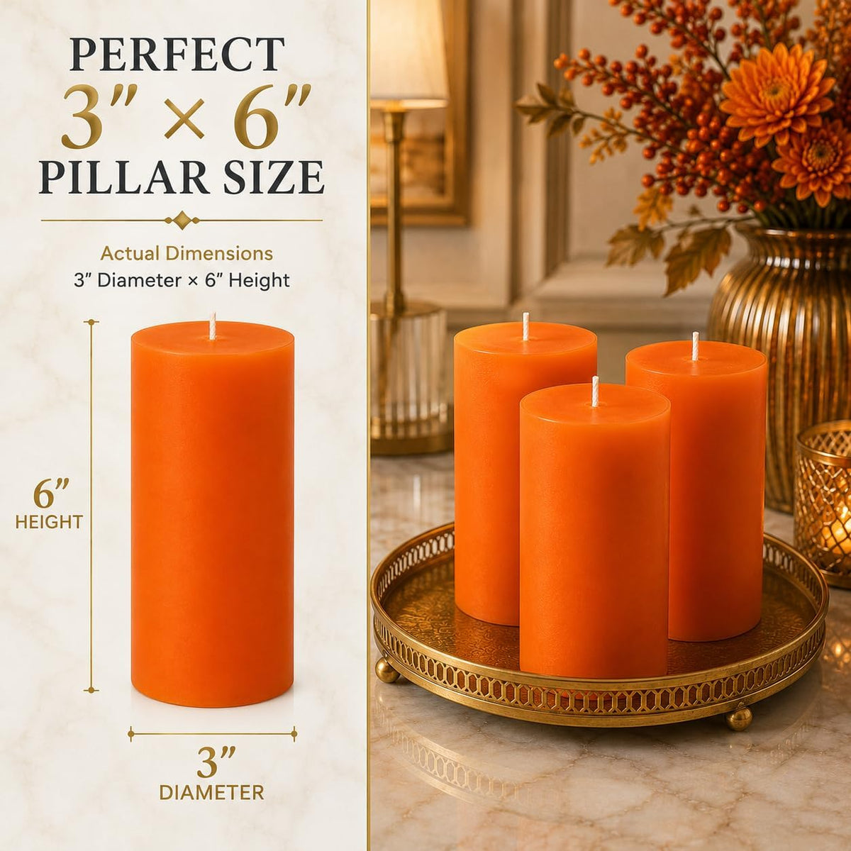 Dinil Orange Pillar Candles 3x6 Inch, Set of 3 Unscented Dripless Smokeless Candles, 65+ Hour Burn Time for Wedding Centerpiece, Dinner Table & Home Decor