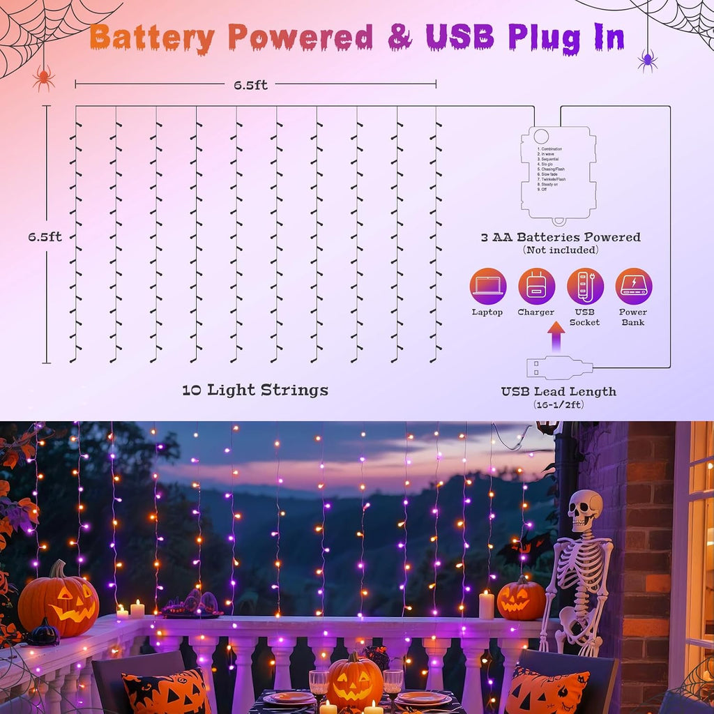 JMEXSUSS 200 LED Halloween Curtain Lights Battery and USB Operated