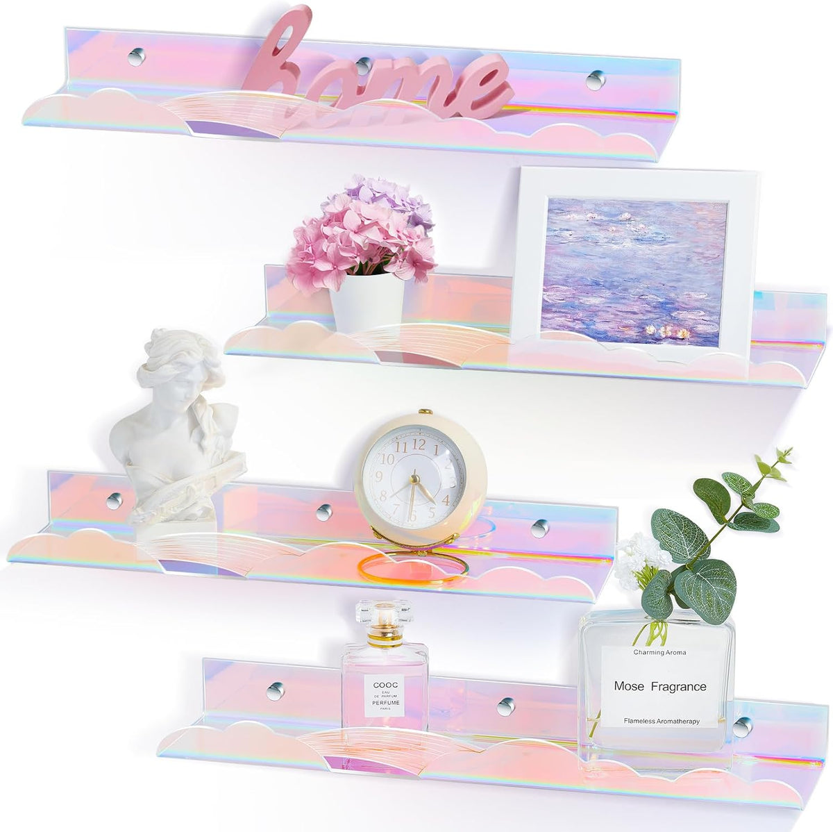Iridescent Rainbow Acrylic Floating Shelves, Wall Mounted, 15in, 4 Pack