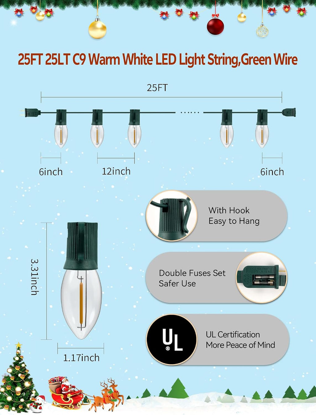 C9 Christmas Lights Outdoor 25FT - Commercial Grade LED String Lights with 25 Warm White Bulbs, UL Certified, Waterproof & Connectable for Xmas, Holiday, Yard, Roofline Decor (Green Wire)