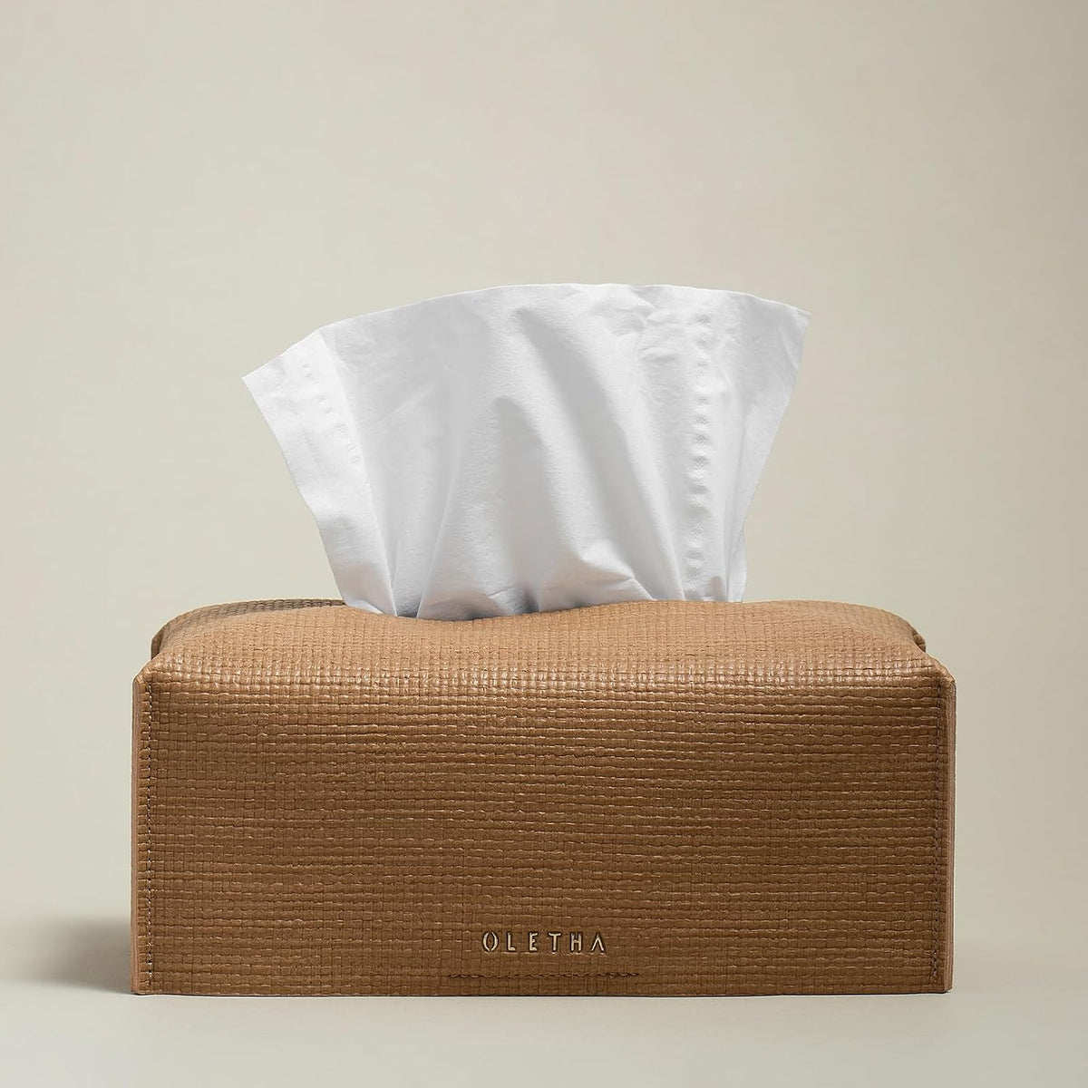 OLETHA Rectangle Tissue Box Cover, Raffia Embossing, Wheat, Standard Size