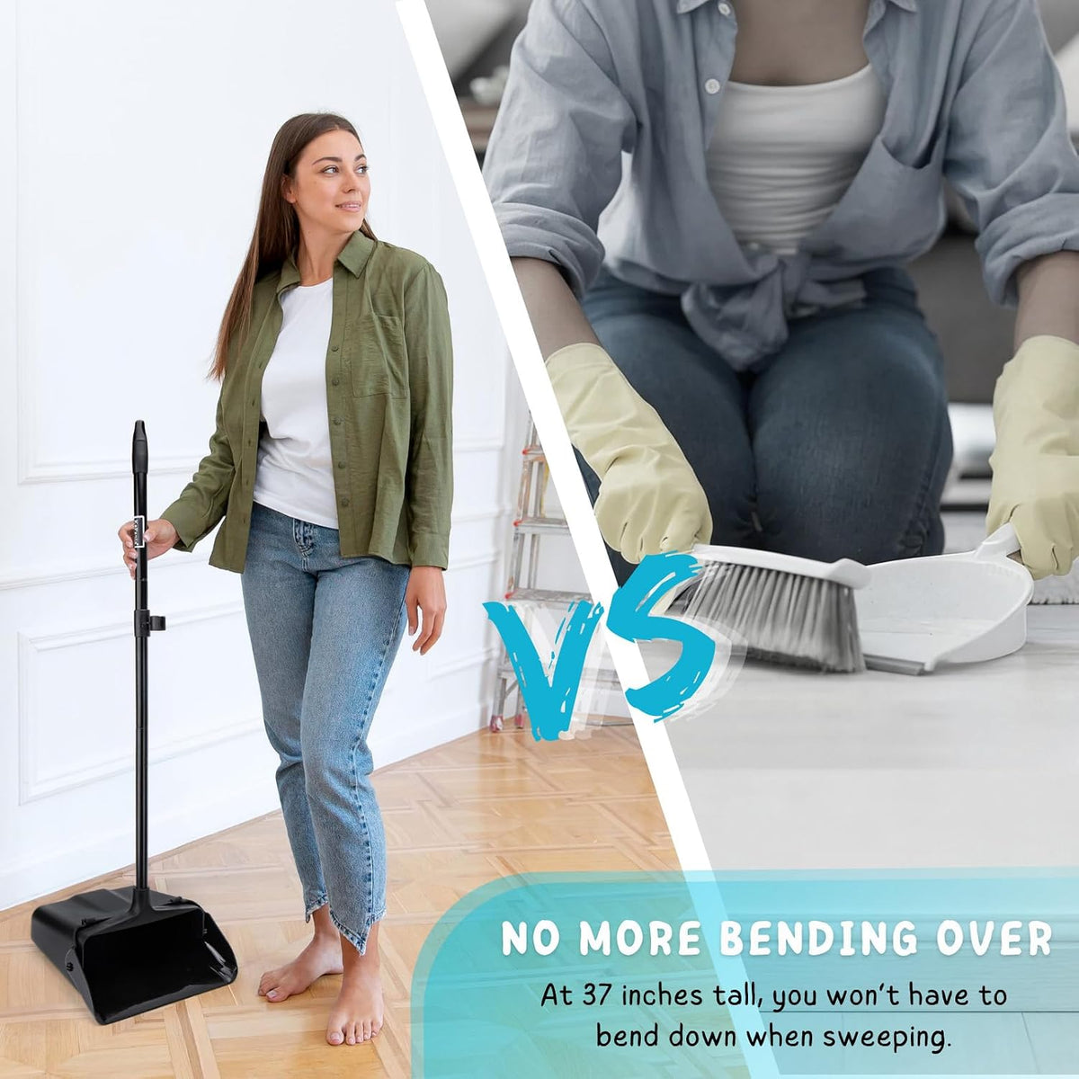 Dustpan with Long Handle, 37’’ Heavy Duty Standing up Dust Pan for Home