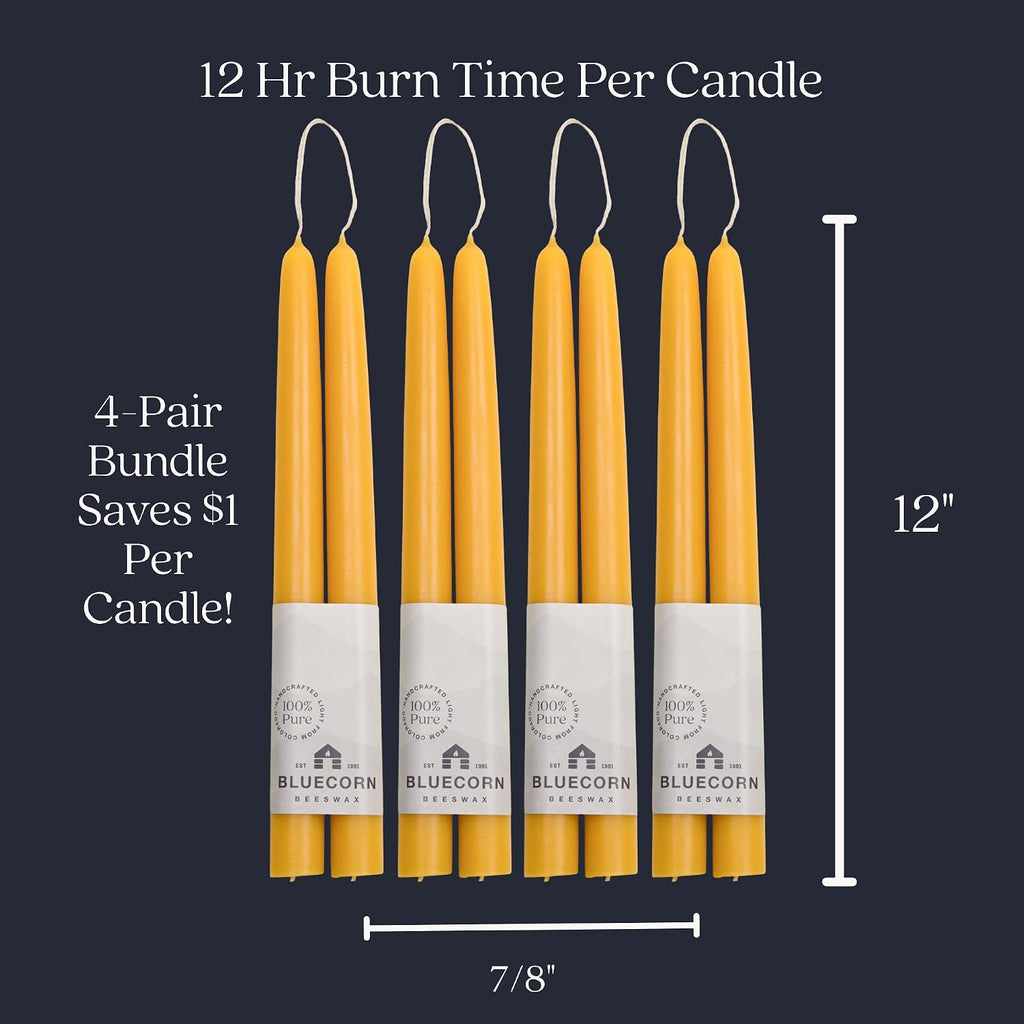 Taper Candles, 12 Inch, Raw Yellow, 8 Pack