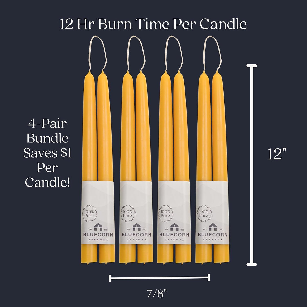 Taper Candles, 12 Inch, Raw Yellow, 8 Pack