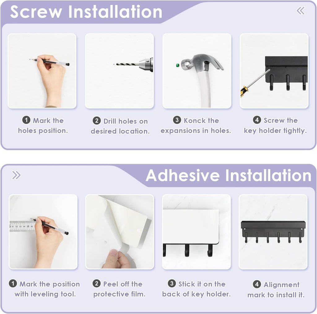VIS'V Key Holder Wall Mount, Adhesive Key Rack with Tray, 6 Hooks, Black