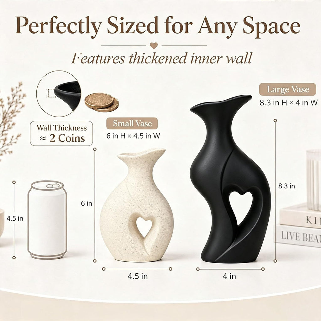 Modern Heart Ceramic Vases Flower Vase Set of 2 (Cream & Black)