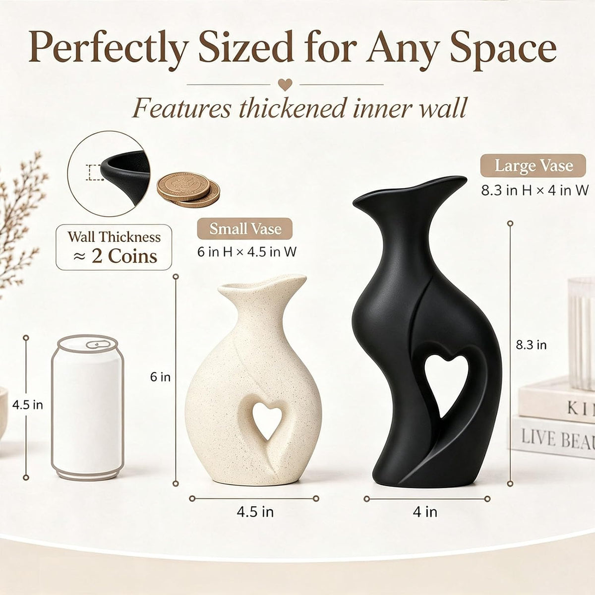 Modern Heart Ceramic Vases Flower Vase Set of 2 (Cream & Black)