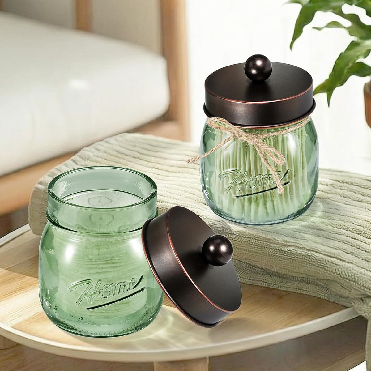 SheeChung 3 Pack Green Glass Mason Jar Qtip Holder Dispenser with ORB Lids