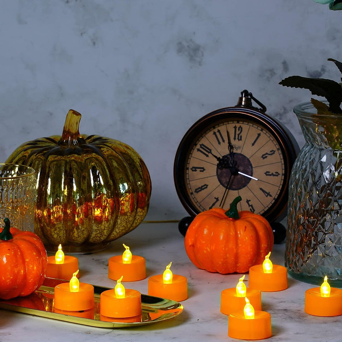 Halloween 24 Pack Orange Tea Light Candles, Battery Operated LED Tealights, Small Pumpkins Lights with Warm White Bulb, Flameless, Electric Fake Tea Candles Realistic for Halloween, Pumpkin Lanterns