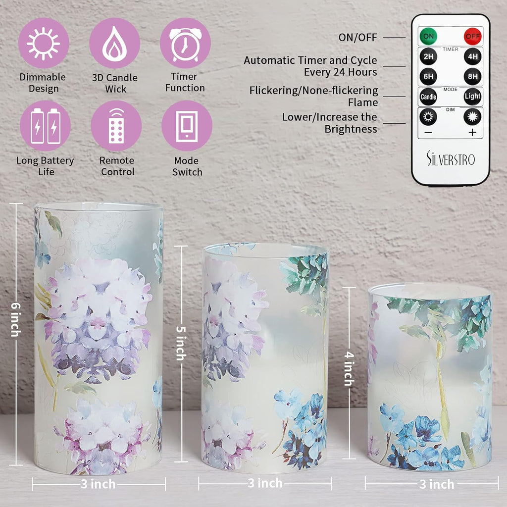 Hydrangea Flameless Candles with Remote Blinks Glass Real Wax LED Candles - Home Party Wedding Romantic Love Theme Summer Holiday Decor - Set of 3