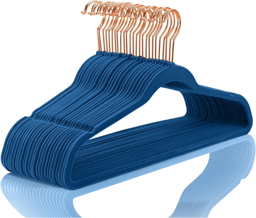 MIZGI Velvet Hangers 50 Pack Non Slip Mediterranean Blue Rose Gold Hooks