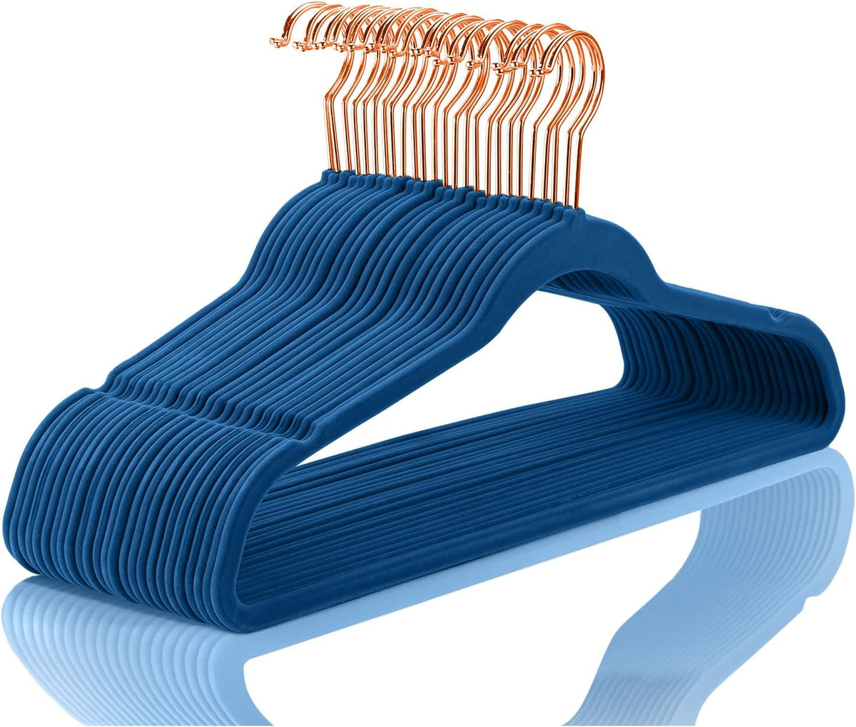 MIZGI Velvet Hangers 50 Pack Non Slip Mediterranean Blue Rose Gold Hooks