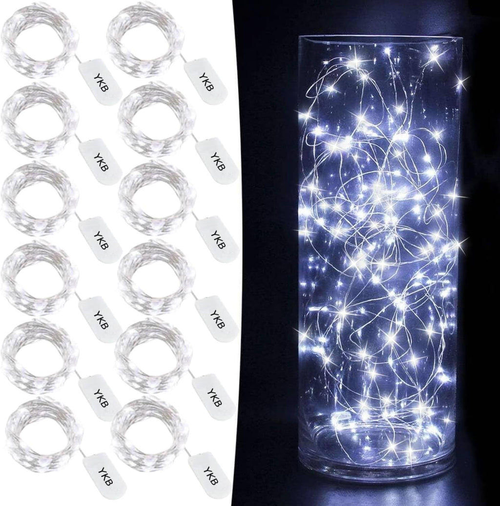 YKB 12 PCS White Fairy Lights LED String Lights Battery Powered, 20 Micro LEDs on 3.3ft/1m Silvery Copper Wire, Battery Operated String Lights by 2xCR2032, for Christmas Decorations Holiday Wedding