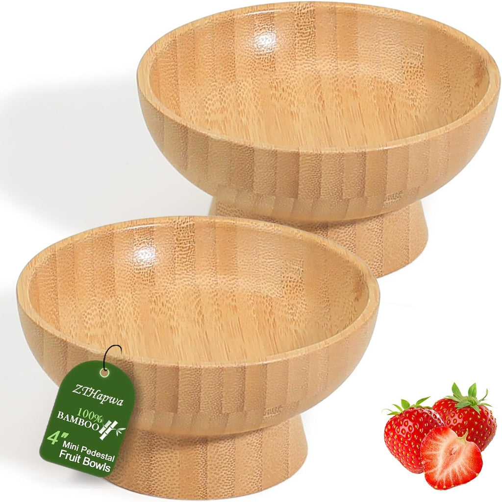 Small Pedestal Fruit Bowls for Kitchen Counter, 6 oz Mini Bamboo Wooden Serving Bowls for Desserts/Snacks/Nuts/Candy, Farmhouse Footed Bowls for Table Decor, 2 pcs