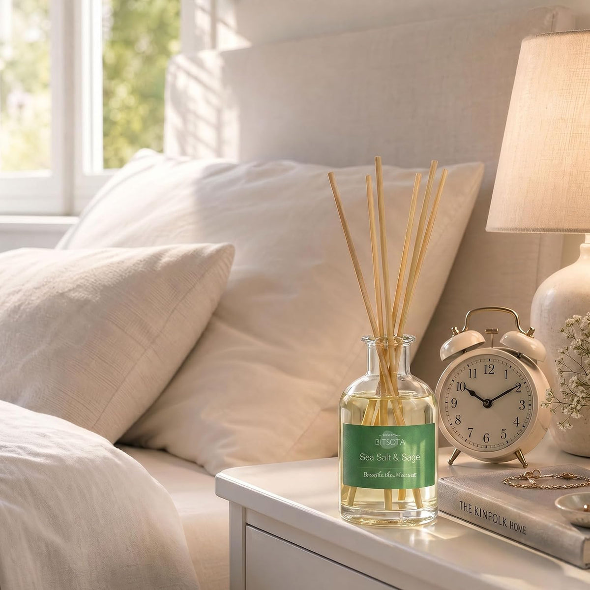 Natural Reed Diffuser Set, Sea Salt & Sage 3.52 oz (100ml) Scented Diffuser with Sticks Home Fragrance Reed Diffuser for Bathroom Shelf Decor, Ideal Gift for Woman