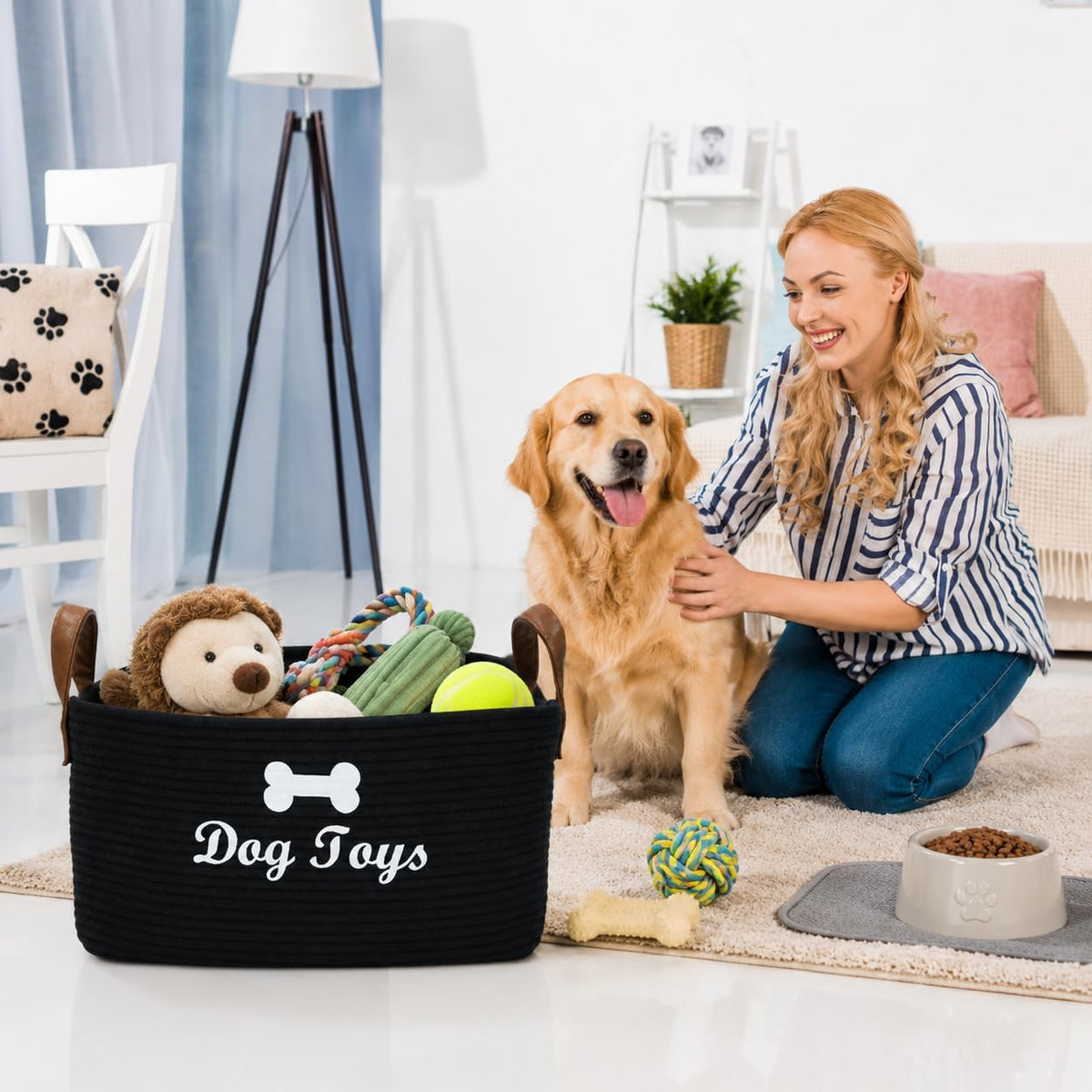 Large Dog Toy Basket, 100% Cotton Rope Dog Toy Storage Bin-Black