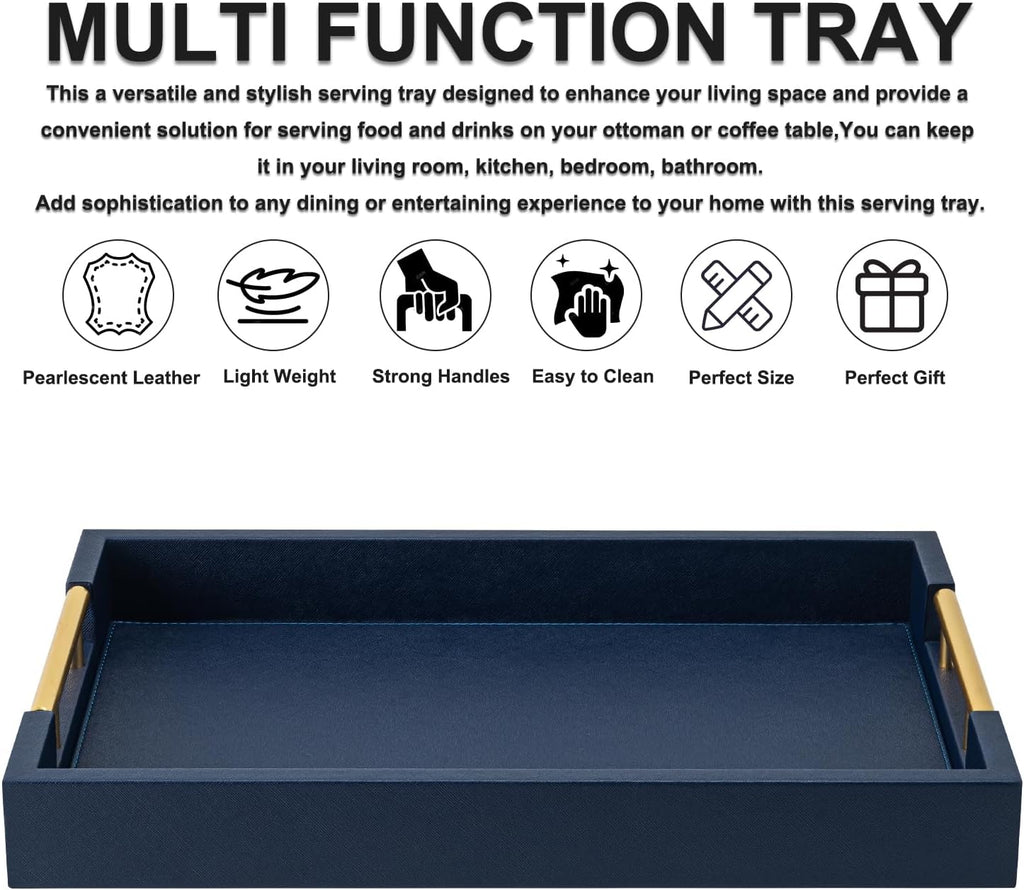 Navy Blue Faux Leather Serving Coffee Tray with Gold Handles,Rectangle Decorative Trays for Home Decor Large Ottoman Tray for Living Room