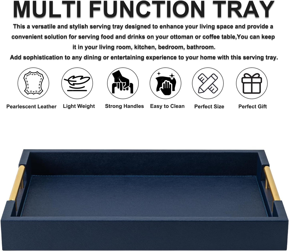 Navy Blue Faux Leather Serving Coffee Tray with Gold Handles,Rectangle Decorative Trays for Home Decor Large Ottoman Tray for Living Room