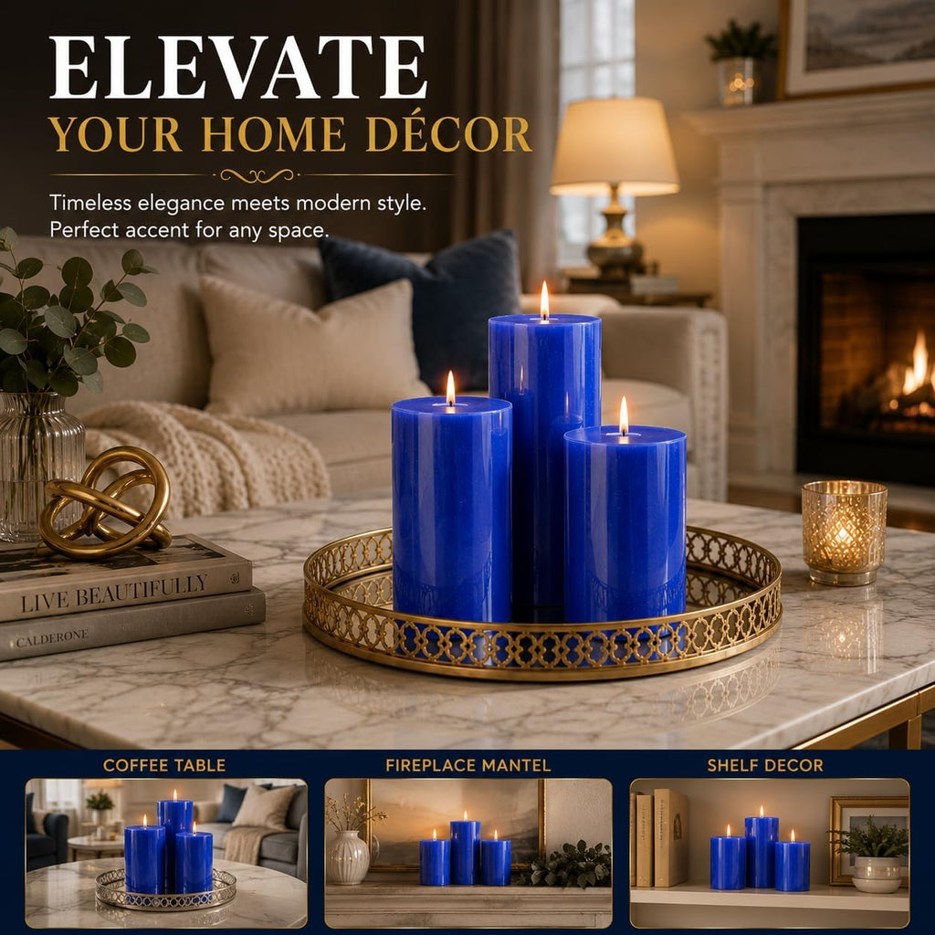 Dinil Blue Pillar Candles 3x6 Inch, Set of 3 Unscented Dripless Smokeless Candles, 65+ Hour Burn Time for Wedding Centerpiece, Dinner Table & Home Decor