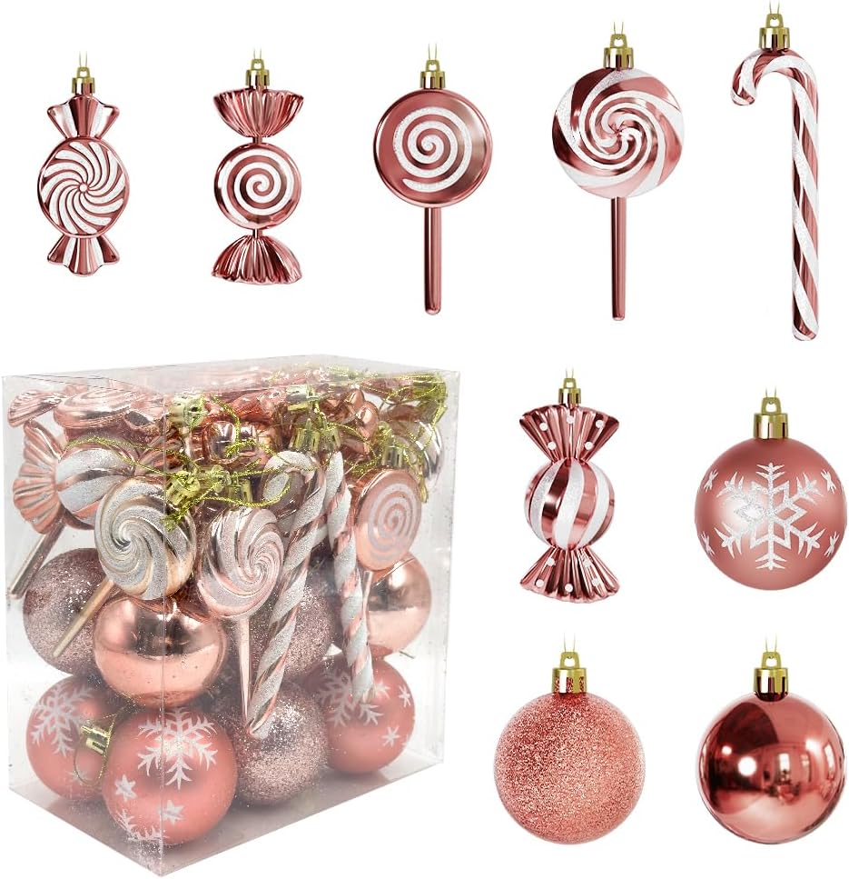 36 Pcs Christmas Ornaments, MOYEE Shatterproof Plastic Christmas Ornaments for Tree - Candy Cane Christmas Decorations Candies Christmas Ball Ornaments (Rose Gold)