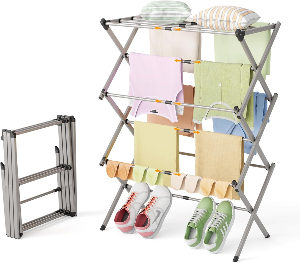 Collapsible Floor Drying Rack - Free Standing Accordion Laundry Dryer, Retractable Metal Clothes Hanger with Shoe Storage, Heavy Duty Rustproof Airer for Bathroom, Balcony & Rv