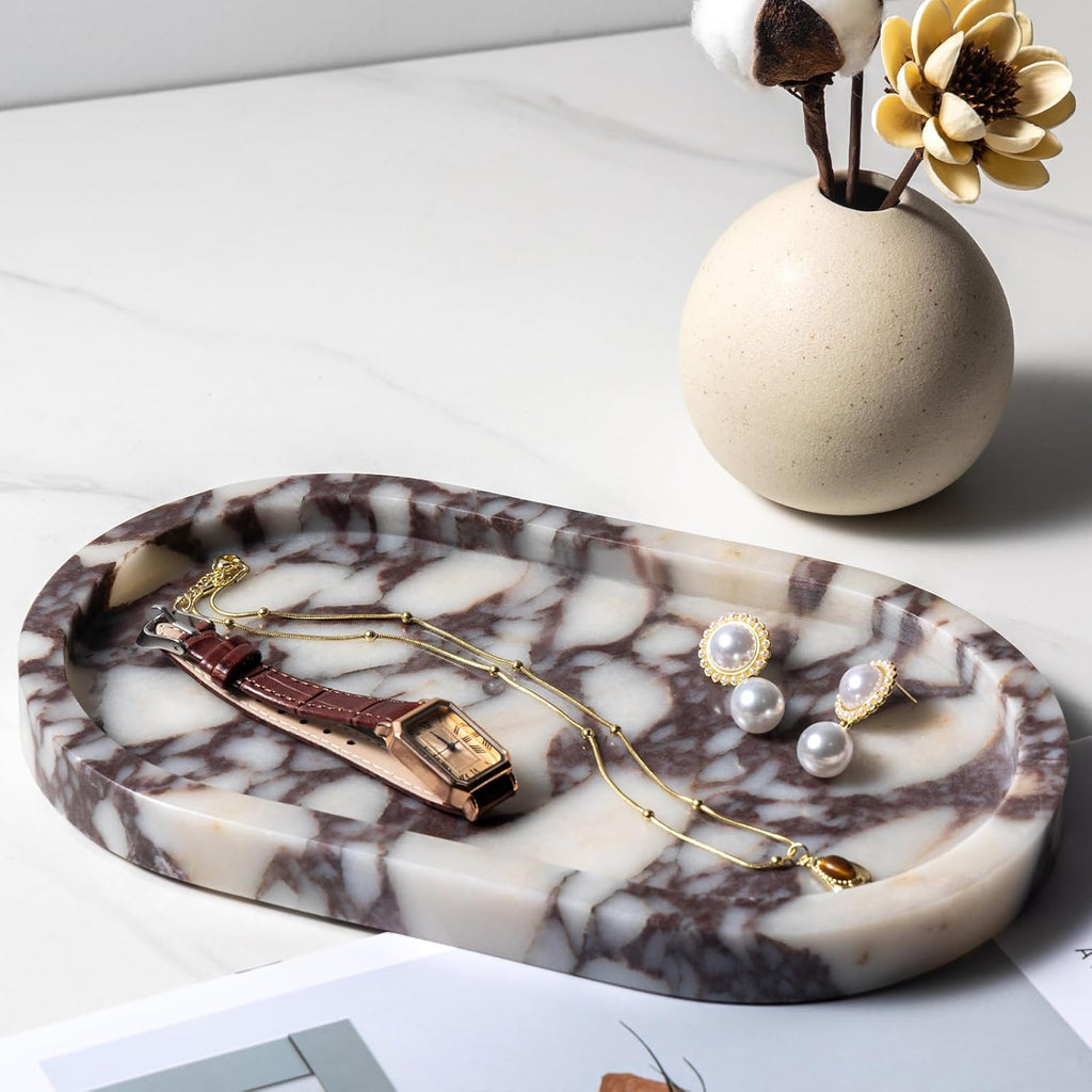 Natural Calacatta Viola Marble Tray 10"x6" - Non-Resin Bathroom Vanity Organizer & Kitchen Decor | Waterproof Oval Stone Serving Dish (Purple Portoro)