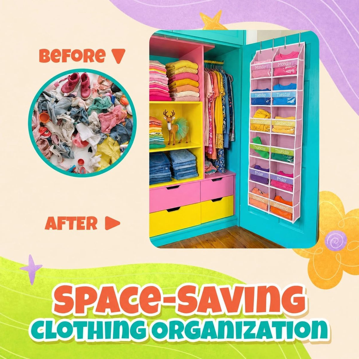 Housables Weekly Clothes Organizer for Kids, Kids Closet, 12 Shelf, Pink