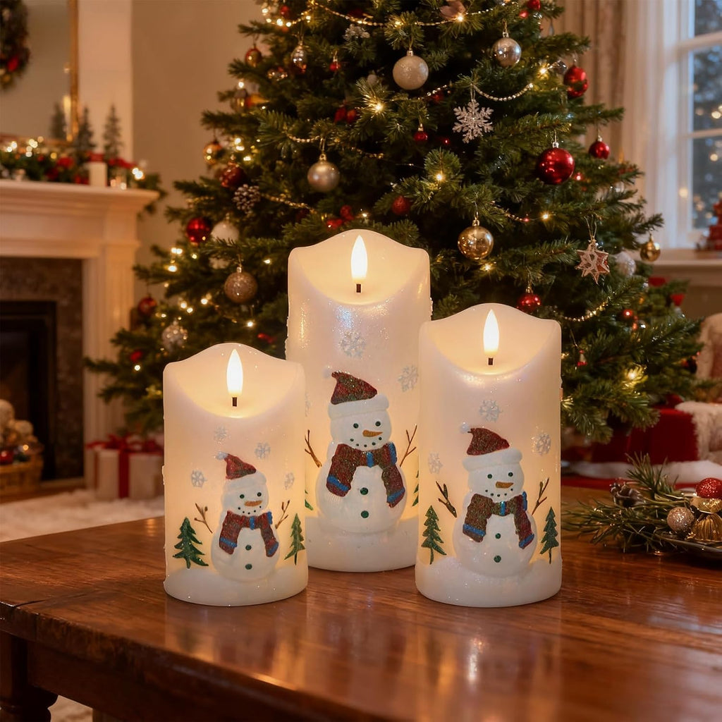 Eldnacele Snowman Relief Christmas Flameless Candles with Remote and Timer