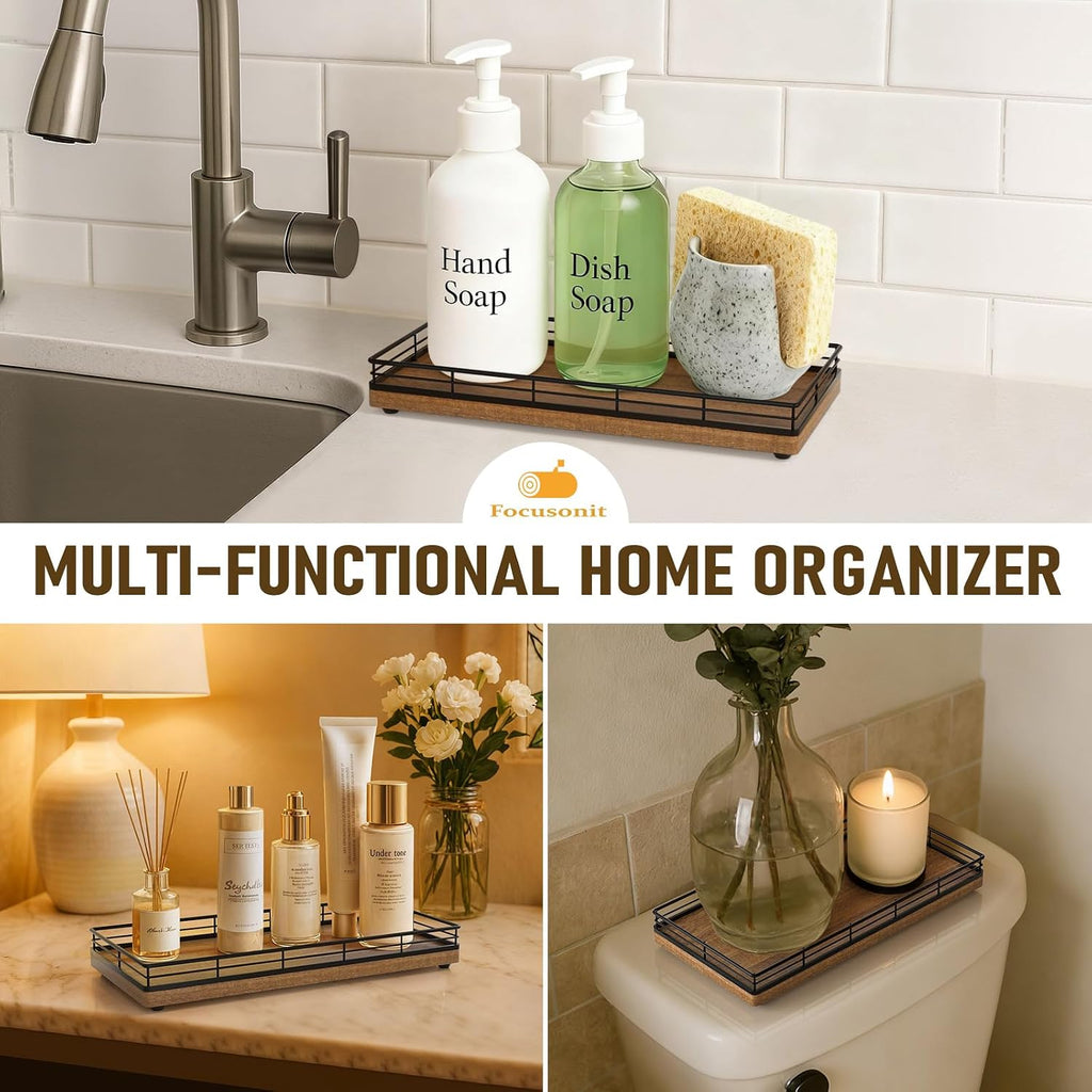 Bathroom Vanity Tray for Countertop, 12" x 6" Acacia Wood Toilet Tank Tray