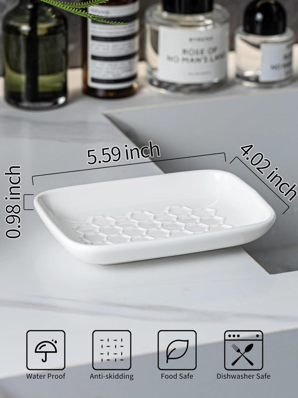 Gomakren Ceramic Soap Dish for Shower, Honeycomb Soap Tray 5.5 Inch, White
